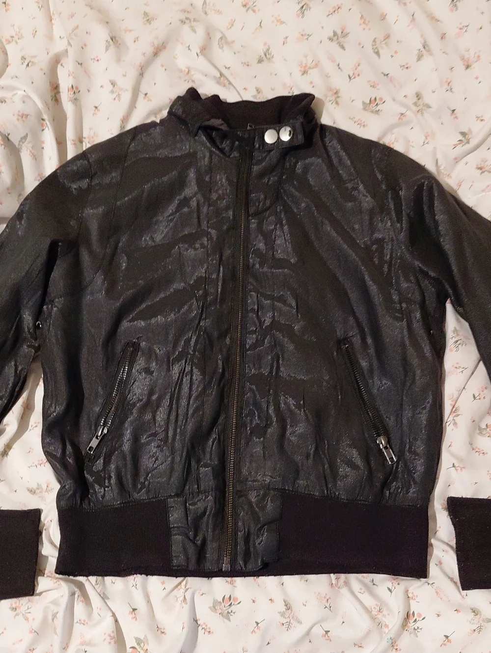 Large Iris Basic Black Shiny Bomber Jacket